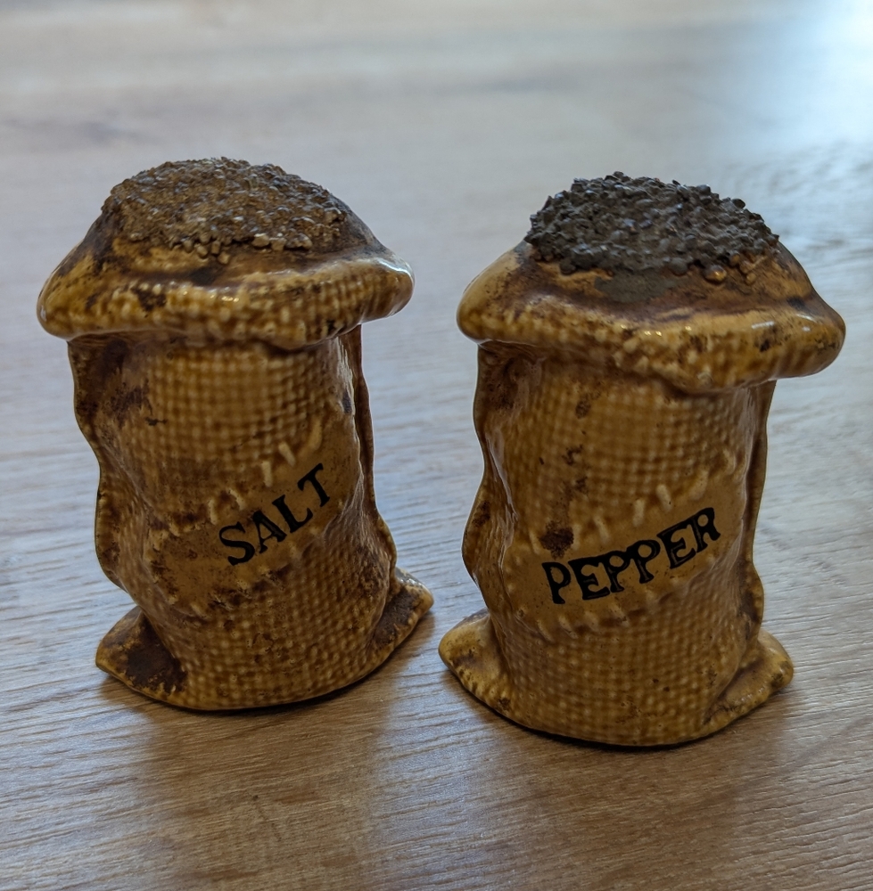 Vintage Burlap Feed Sack Salt and Pepper Shakers Made In Japan